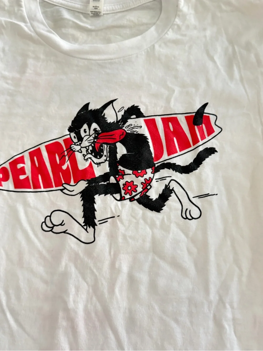 Pearl Jam White Tee with Red & Black Surfing Cat Graphic